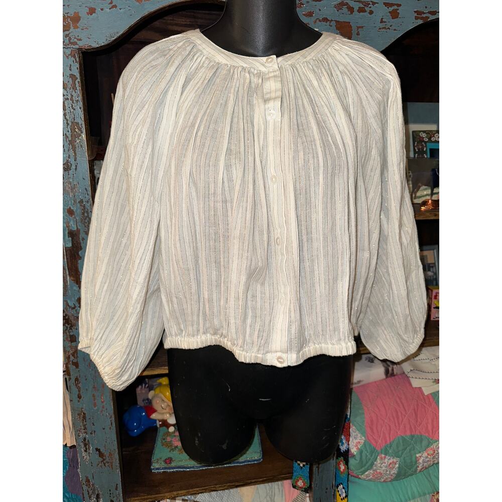 MES DEMOISELLES AQUARELLA CROP PEASANT TOP W/METALLIC LUREX STRIPES 0